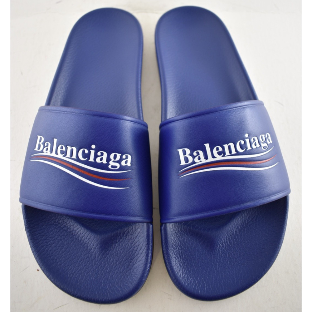 Balenciaga Blue Leather Campaign Logo Slide Pool Sandal Flip Flop Flat 44 11 - Picture 6 of 15